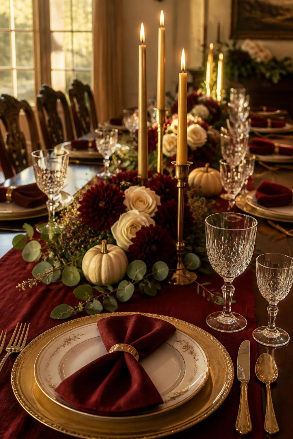 Elegant burgundy and gold Thanksgiving centerpiece with burgundy flowers, cream roses, gold candlesticks and white pumpkins