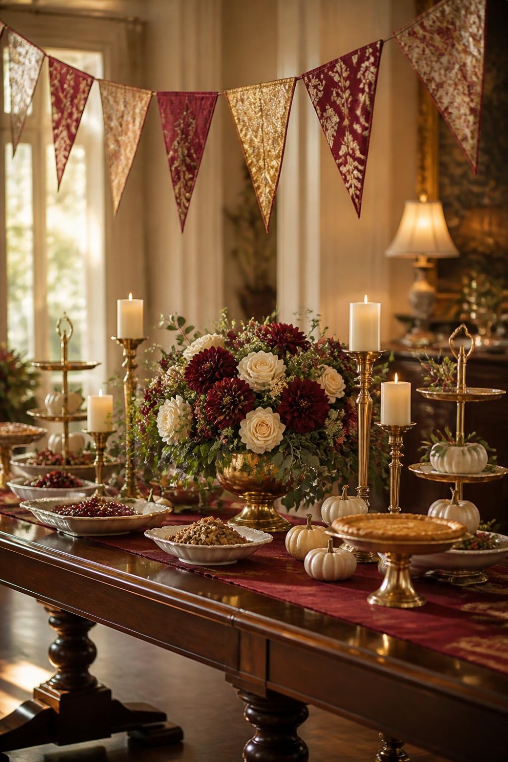 Elegant burgundy and gold Thanksgiving buffet table decorated with autumn flowers, gold serving stands and festive bunting