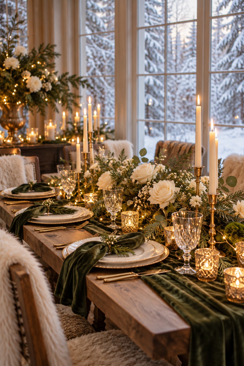 Winter bridal shower table with white roses, evergreen foliage, gold candles and green velvet details