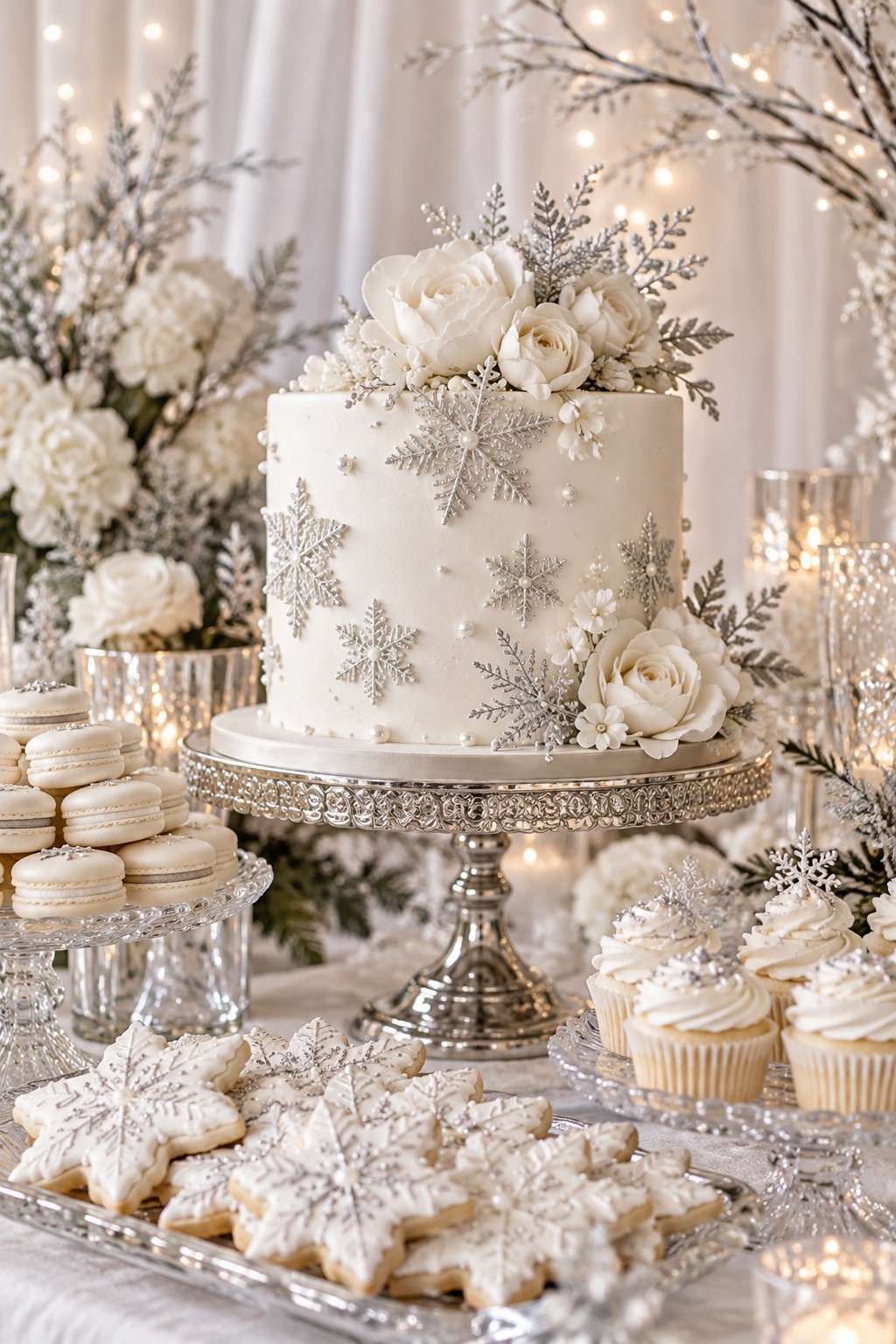 White winter bridal shower cake decorated with silver snowflakes and white flowers beside matching desserts
