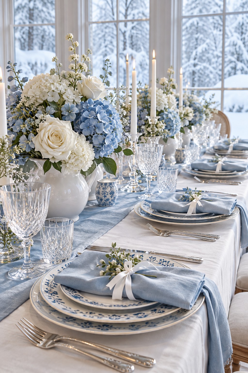 Blue and white winter bridal shower table with floral china, pale blue napkins, hydrangeas and white roses