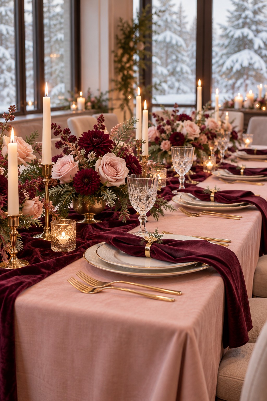 Blush pink and burgundy winter bridal shower table with velvet linens, roses, gold details and candlelight