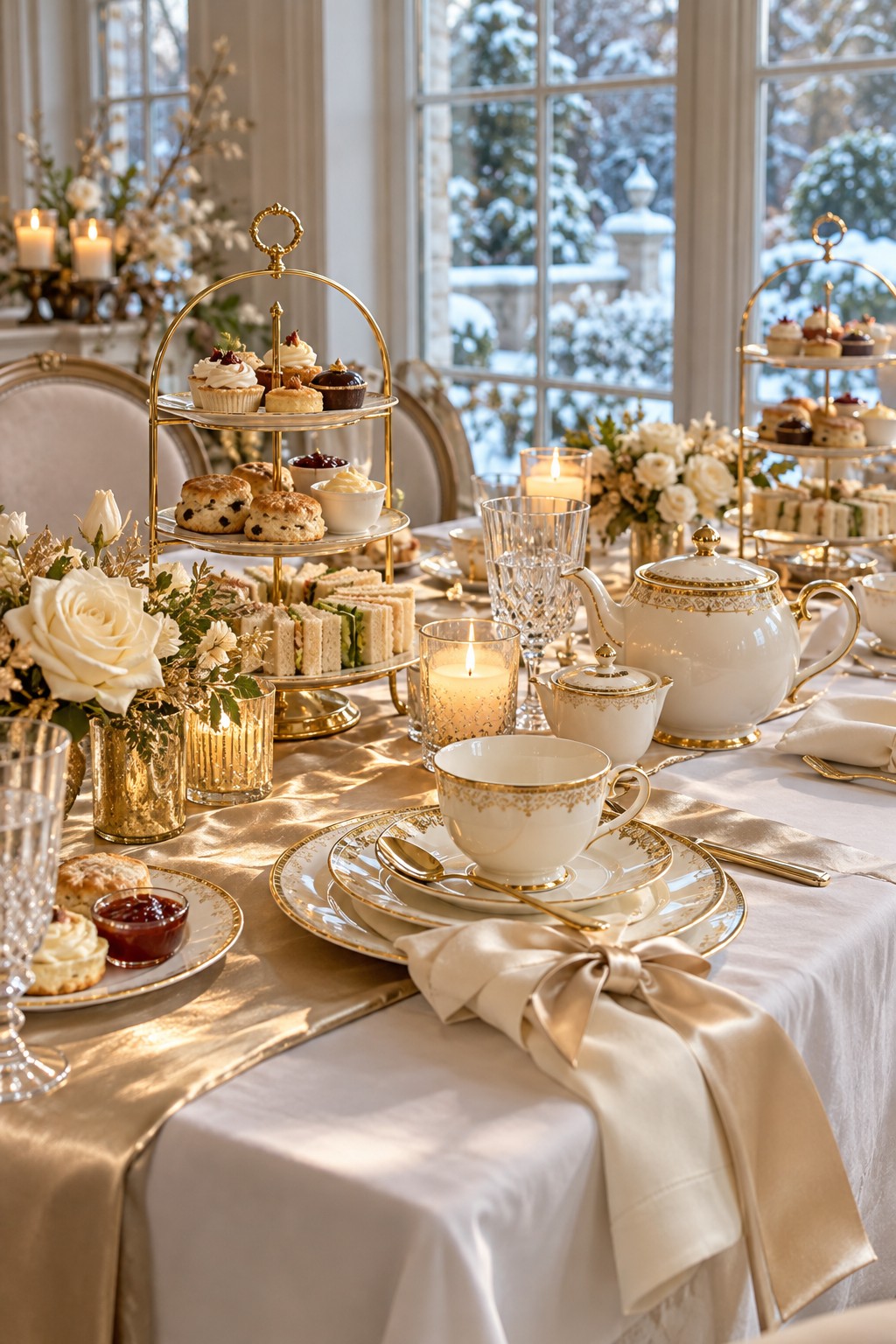 Champagne and gold bridal shower afternoon tea table with gold-rimmed china, tiered stands, ivory roses and candlelight