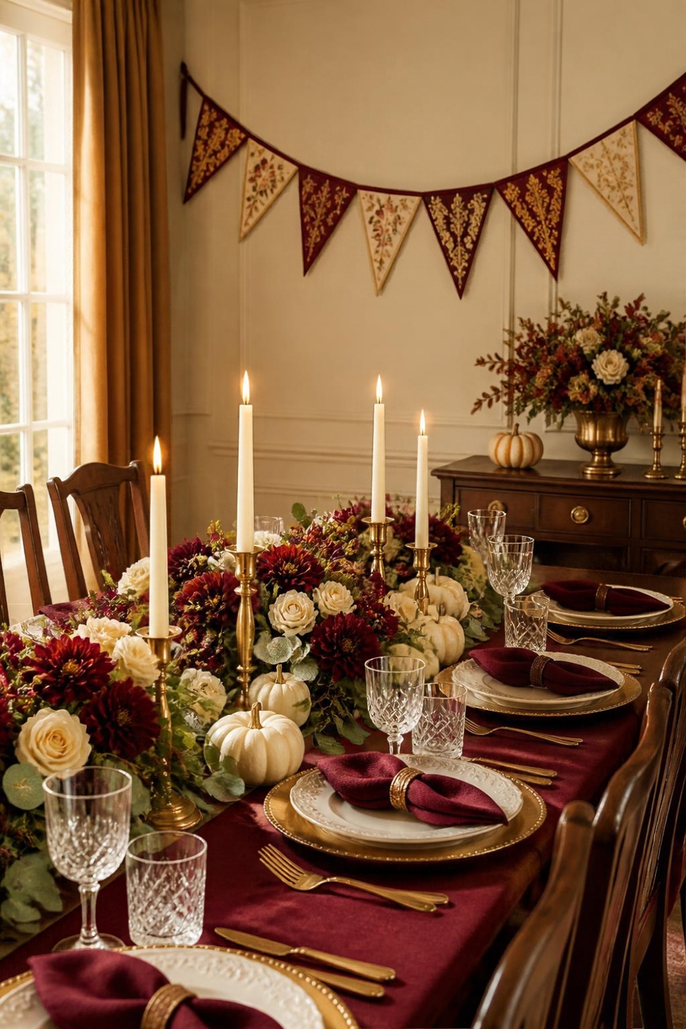 Elegant burgundy and gold Friendsgiving party decorations with a beautifully styled autumn dining table