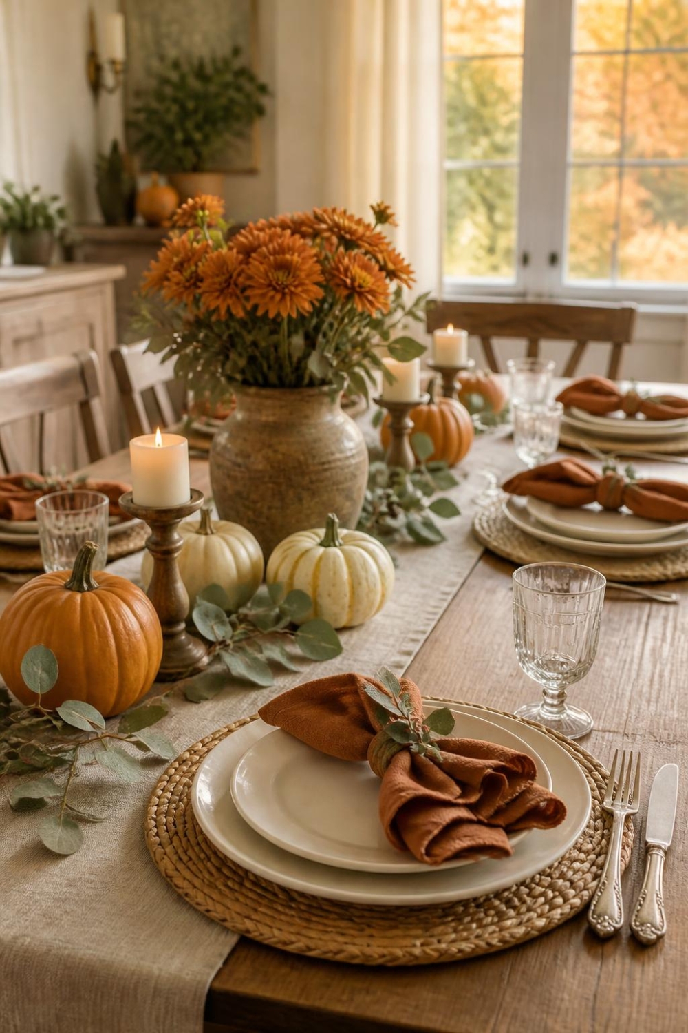 Rustic farmhouse Thanksgiving table with woven placemats, white ceramic plates, pumpkins and natural autumn foliage