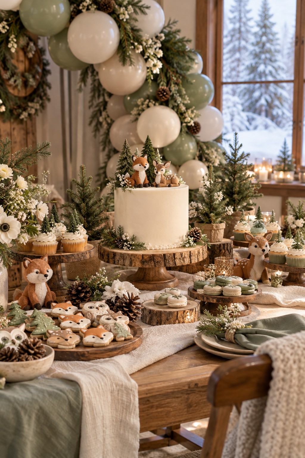 Winter woodland baby shower with sage balloons, fox and deer decorations, an ivory cake and wooden dessert stands