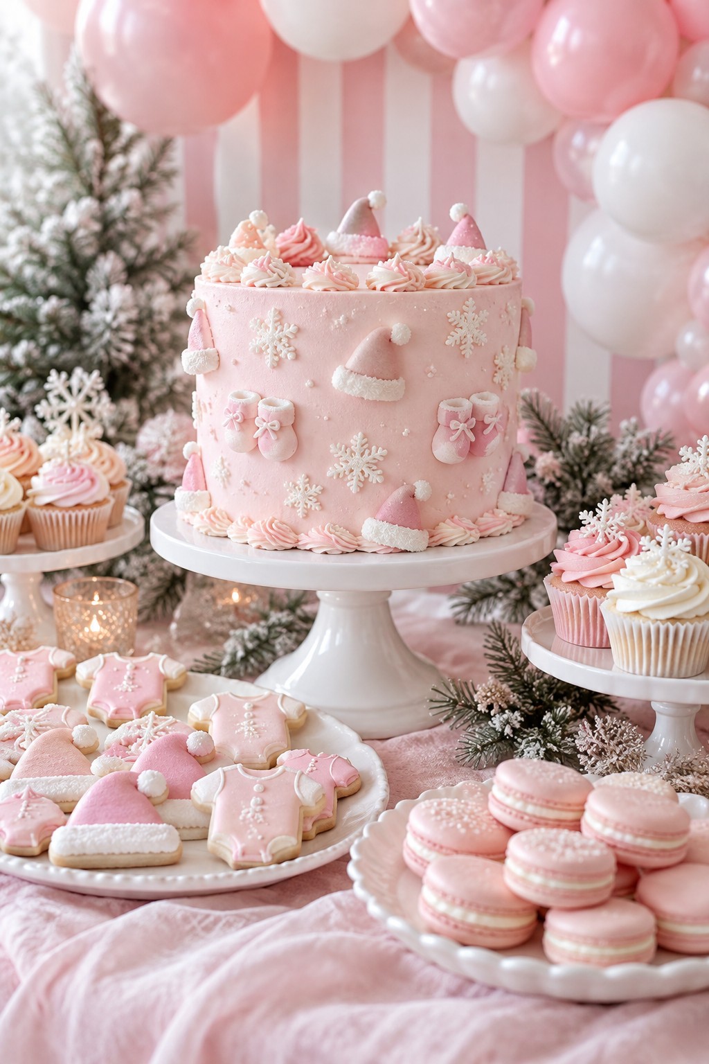 Pink Santa baby shower cake with white snowflakes and baby booties surrounded by pink cupcakes, cookies and macarons