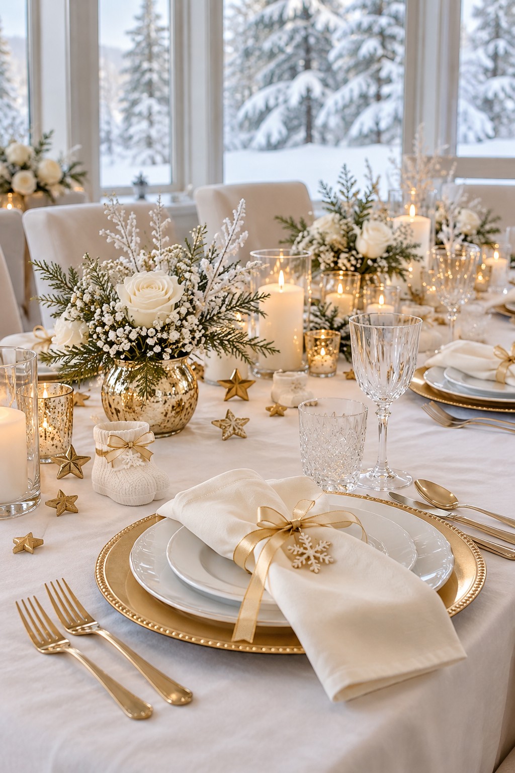 White and gold winter baby shower table with gold chargers, white flowers, snowflake napkin details and baby bootie decorations