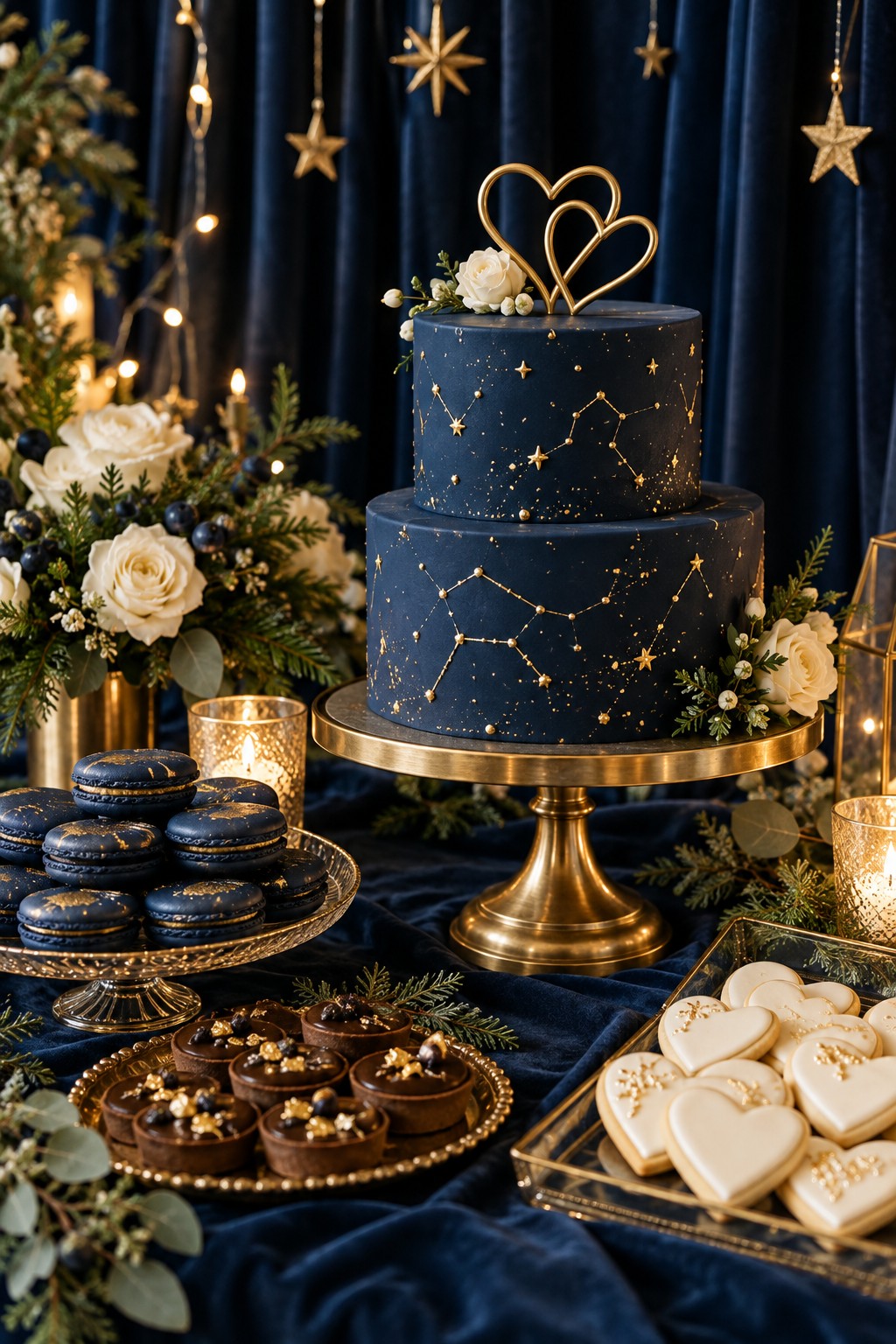 Navy engagement cake with gold constellation details and heart topper surrounded by macarons and chocolate desserts