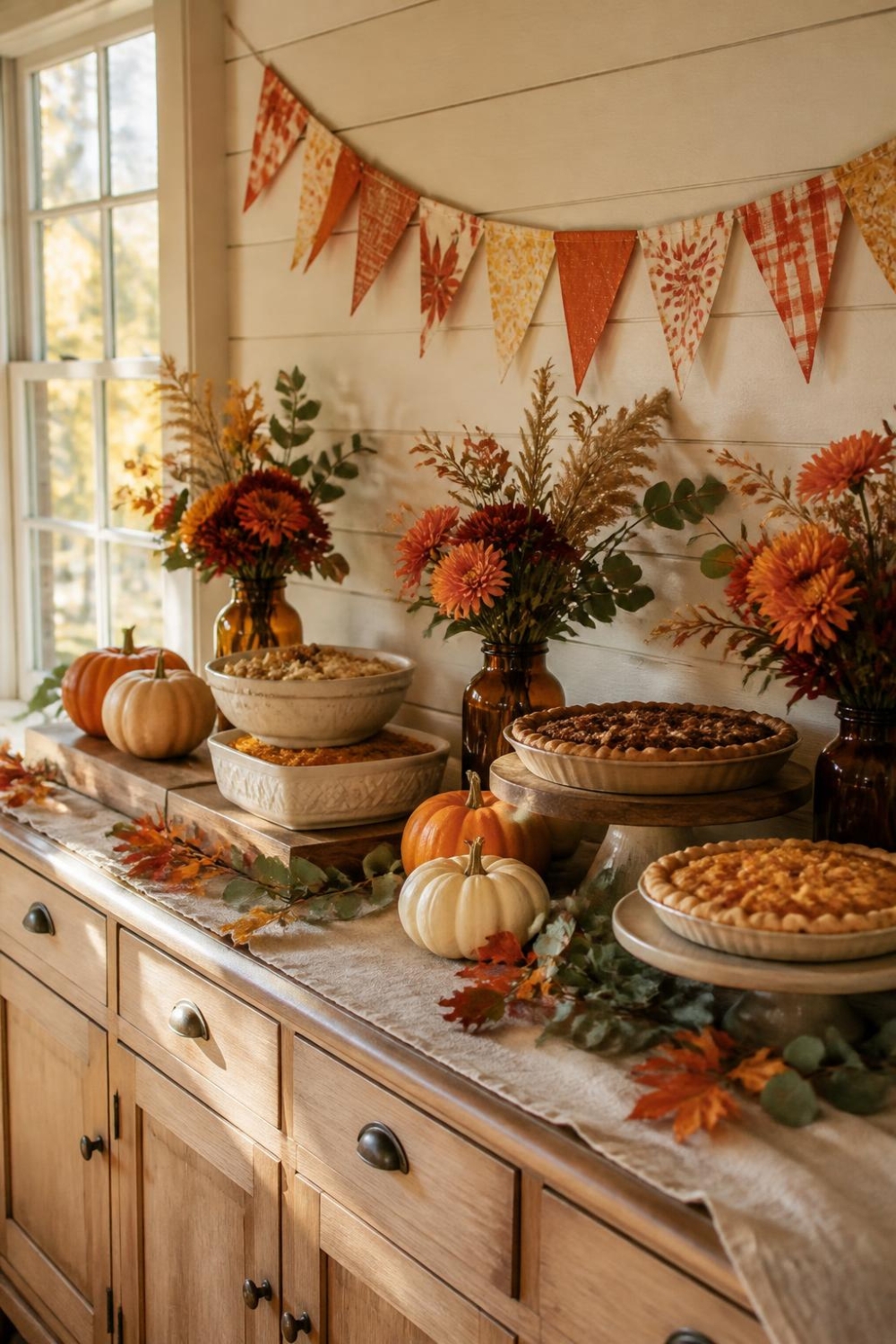 Rustic farmhouse Thanksgiving buffet with autumn pumpkins, wooden serving stands, seasonal flowers and fall bunting