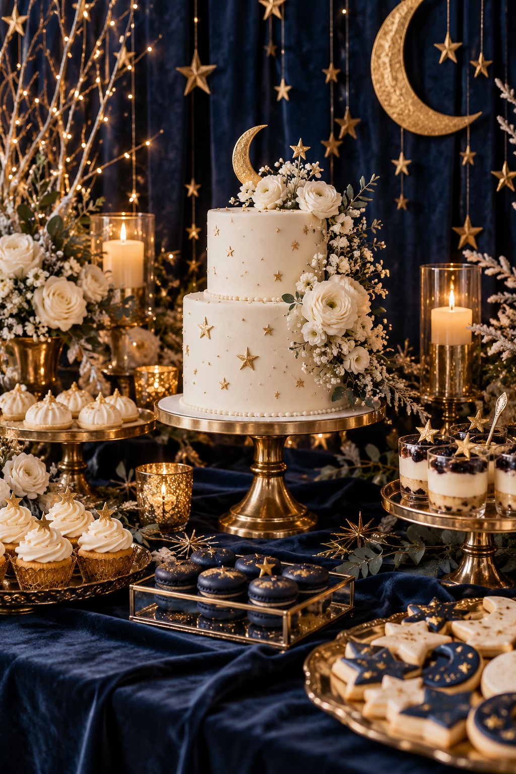 Navy and gold celestial bridal shower dessert table with a white cake, golden stars and fairy lights