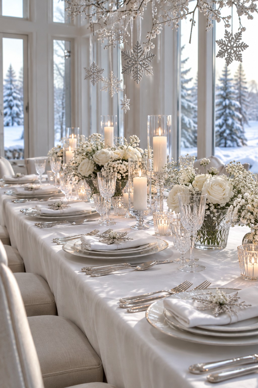 White and silver winter bridal shower table with white flowers, crystal glasses and hanging snowflakes