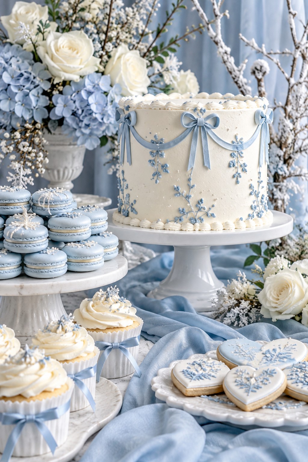 White bridal shower cake with pale blue bows and floral details surrounded by blue macarons and matching desserts