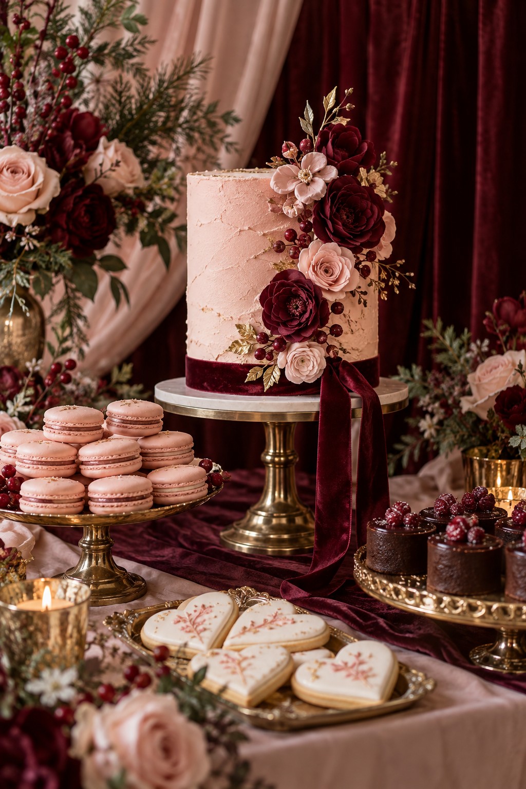 Blush bridal shower cake with burgundy flowers surrounded by pink macarons, chocolate desserts and heart cookies