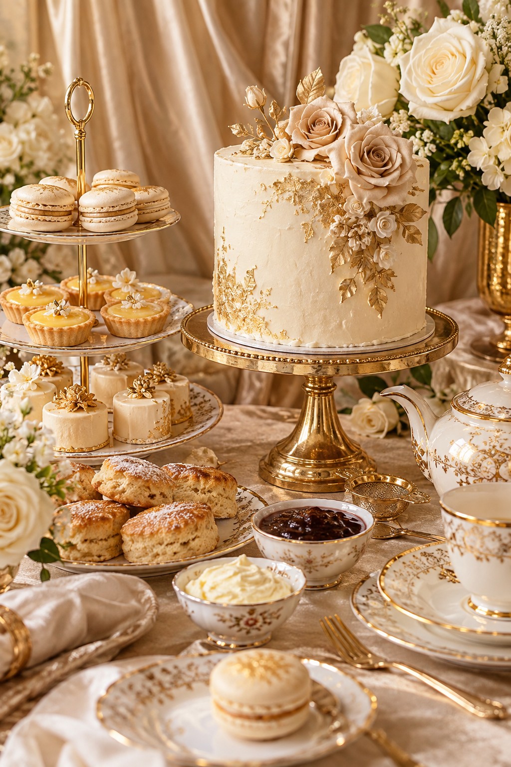 Ivory bridal shower cake with champagne sugar roses and gold details surrounded by scones, macarons and pastries