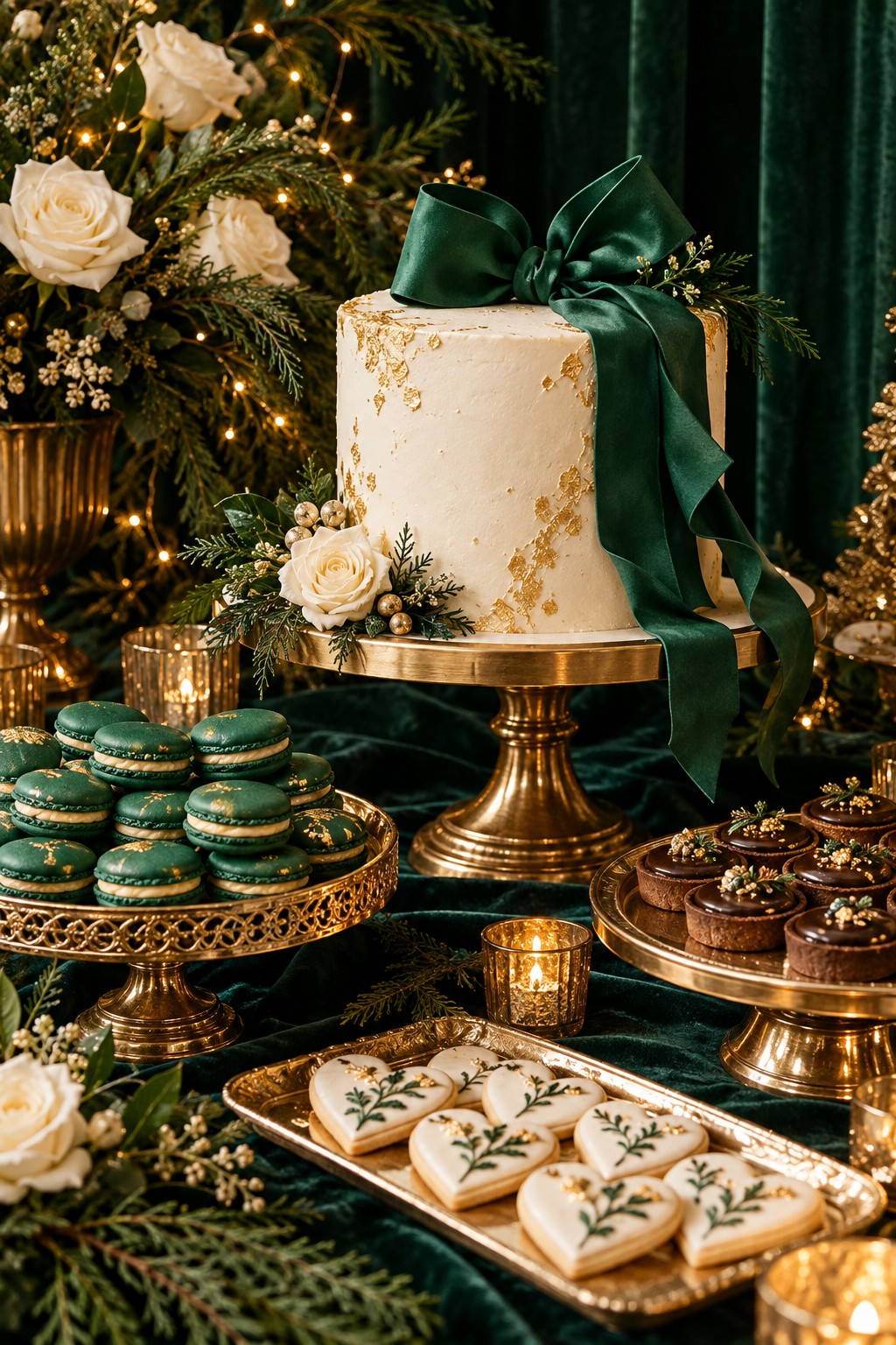 Ivory bridal shower cake with gold details and an emerald bow surrounded by green macarons and chocolate tartlets