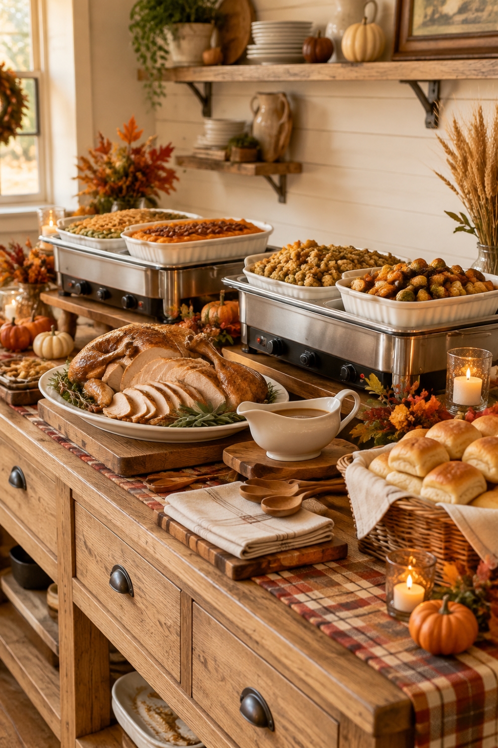 Farmhouse Thanksgiving buffet with warming trays and rustic fall decorations