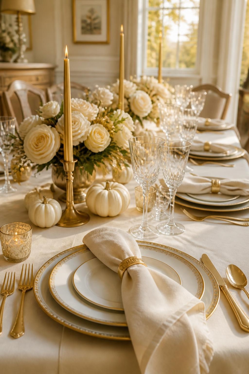 Elegant cream and gold Thanksgiving table with gold-rimmed dinnerware, ivory flowers, white pumpkins and candleholders