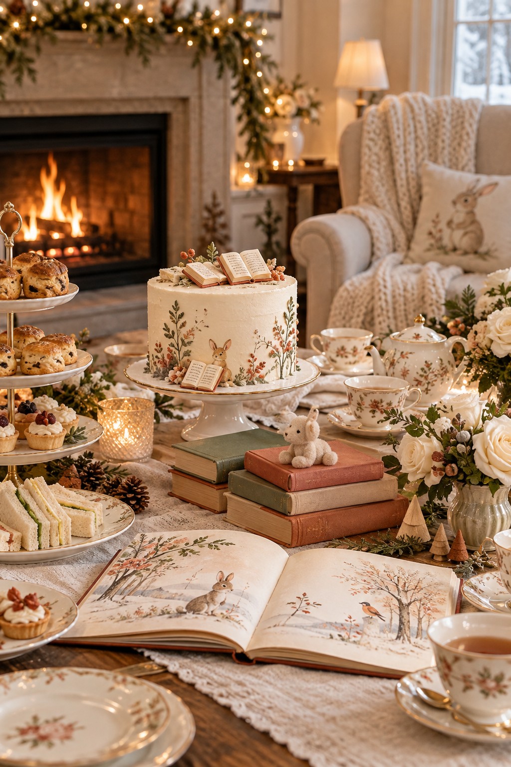 Vintage storybook winter baby shower tea table with illustrated books, a book-themed cake, floral china and a cozy fireplace