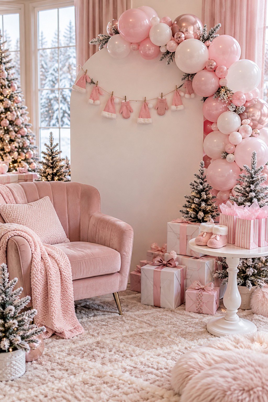 Pink Santa baby shower gift area with a blush chair, pink and white balloon arch, miniature hats and frosted Christmas trees