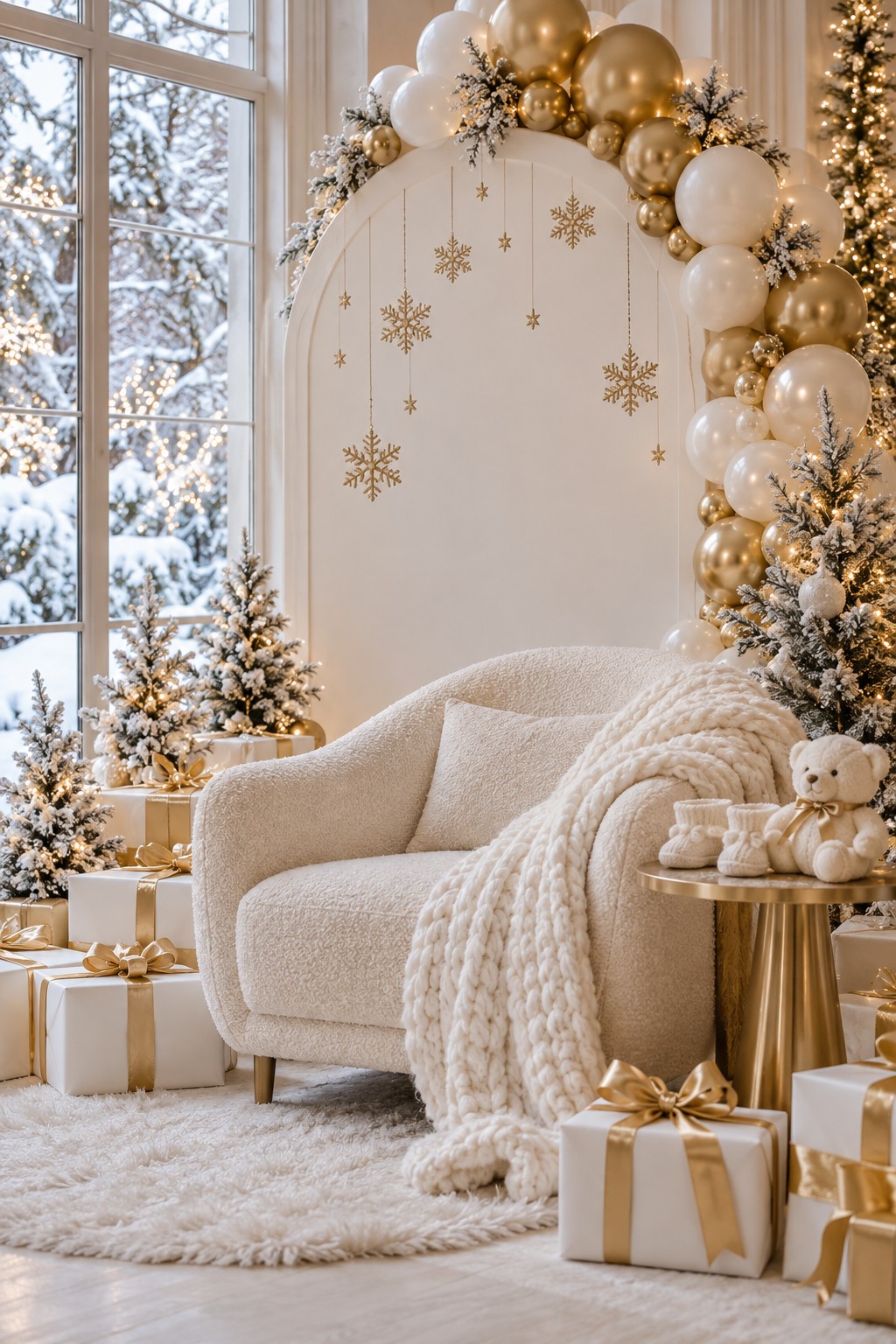 White and gold winter baby shower backdrop with a cream chair, knitted blanket, gold snowflakes, balloons and wrapped gifts