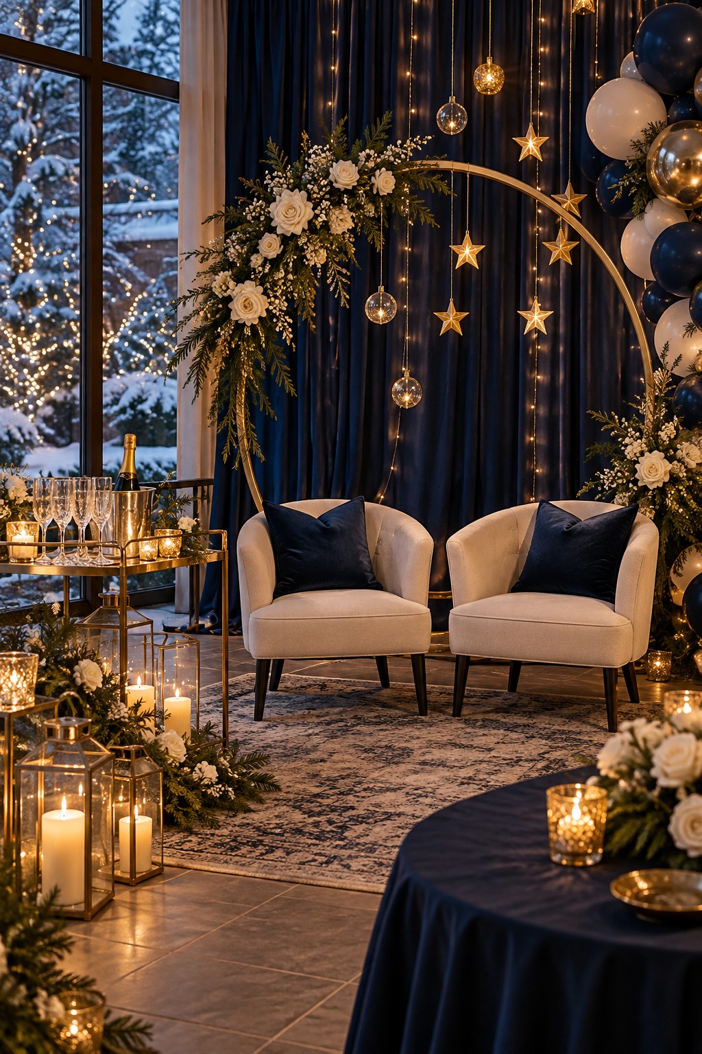 Navy and gold engagement party photo area with two ivory chairs, a floral arch, hanging stars and a drinks trolley