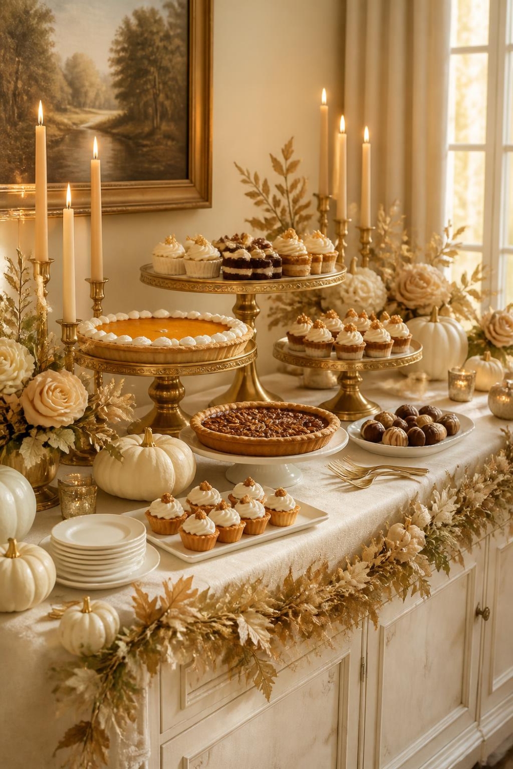 Elegant cream and gold Thanksgiving dessert buffet with tiered serving stands, holiday pies and ivory decorations