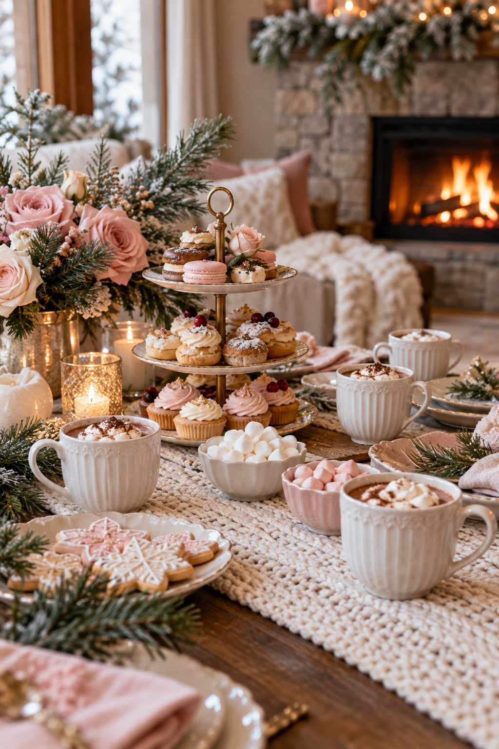 Cozy winter bridal shower hot chocolate tea party with blush roses, cream mugs, pastries and a fireplace