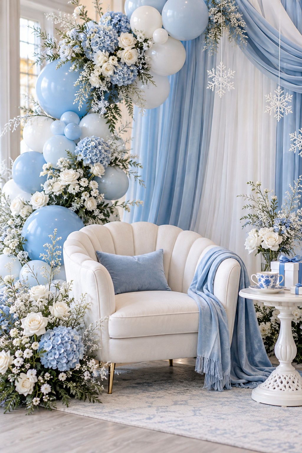 White bridal chair with a blue throw beneath blue and white balloons, floral decorations and winter snowflakes