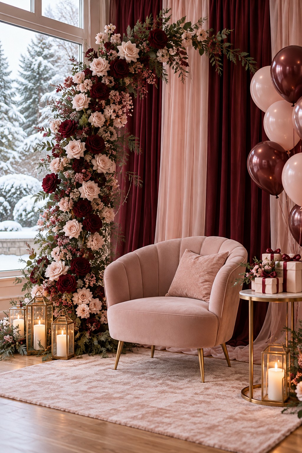 Blush bridal chair framed by burgundy and pink drapes, a floral arch, balloons and glowing lanterns