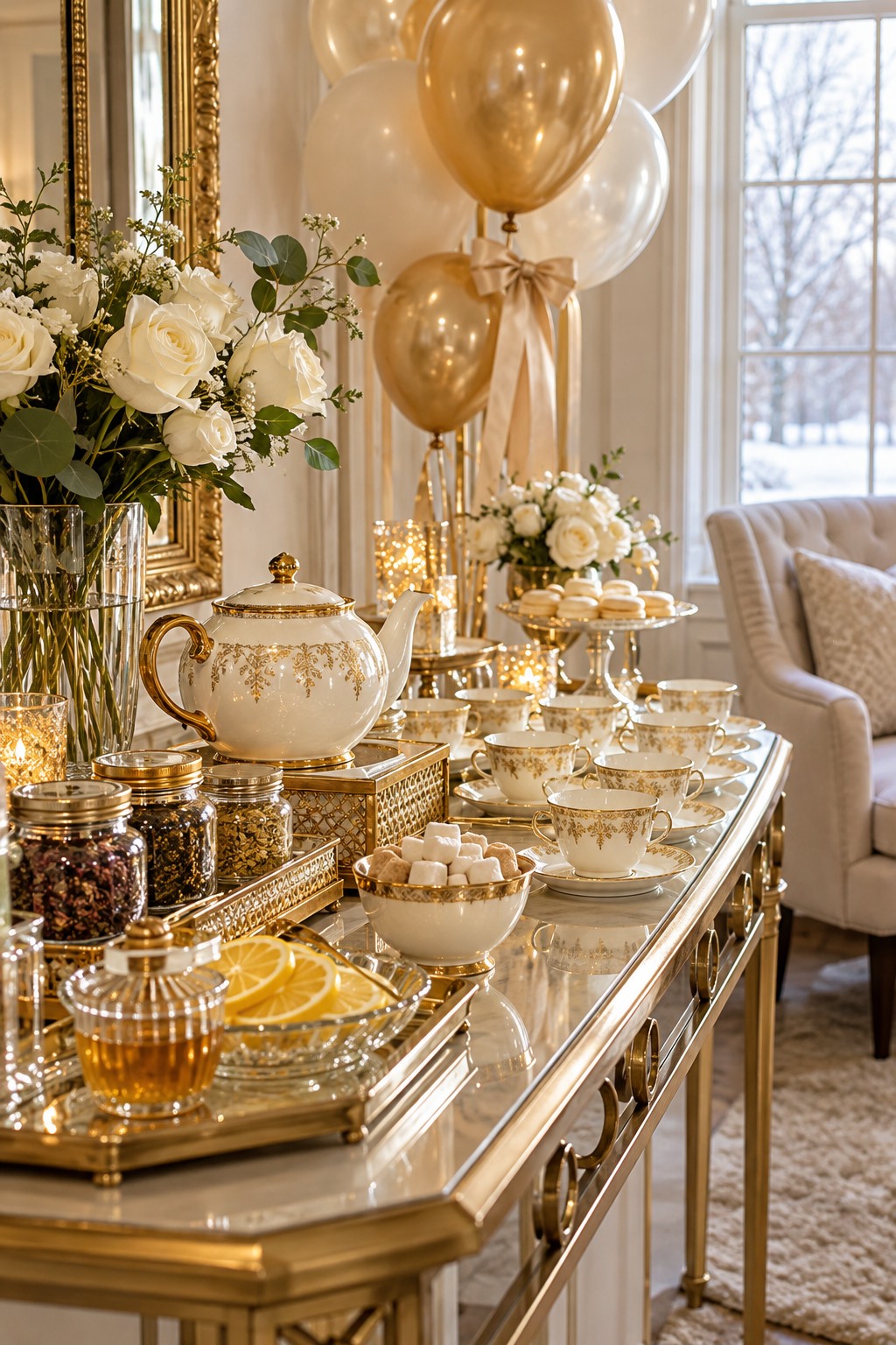 Champagne and gold bridal shower tea station with a porcelain teapot, matching cups, tea jars, honey and lemon