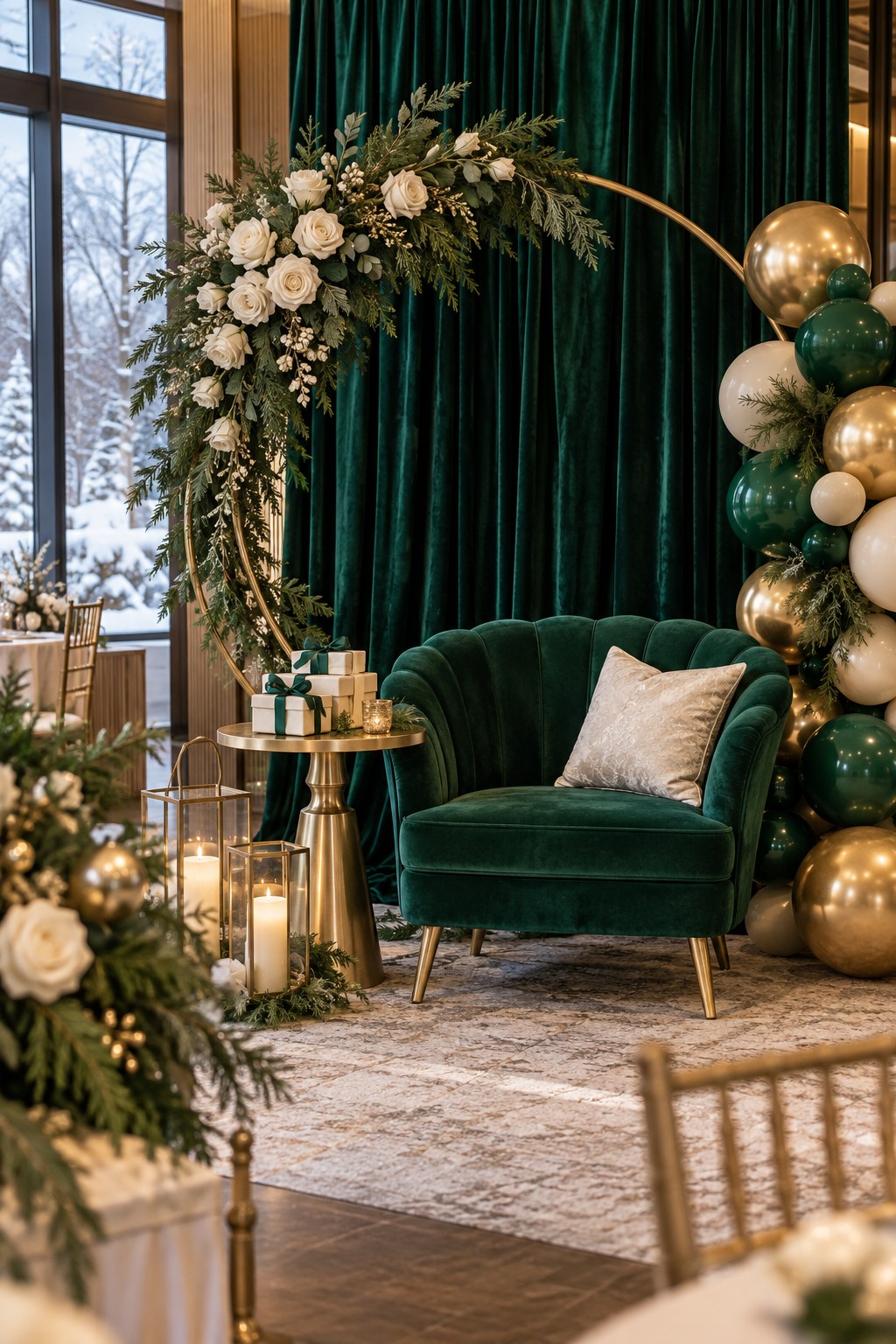 Emerald bridal chair beneath a gold floral arch with green curtains, ivory flowers and emerald and gold balloons