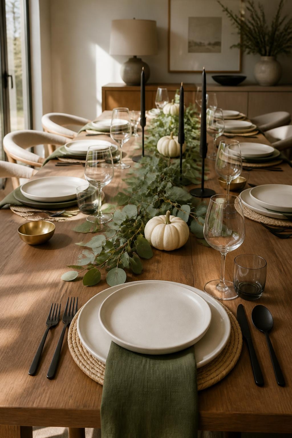 Modern minimalist Thanksgiving centerpiece with eucalyptus greenery, white pumpkins and black taper candleholders