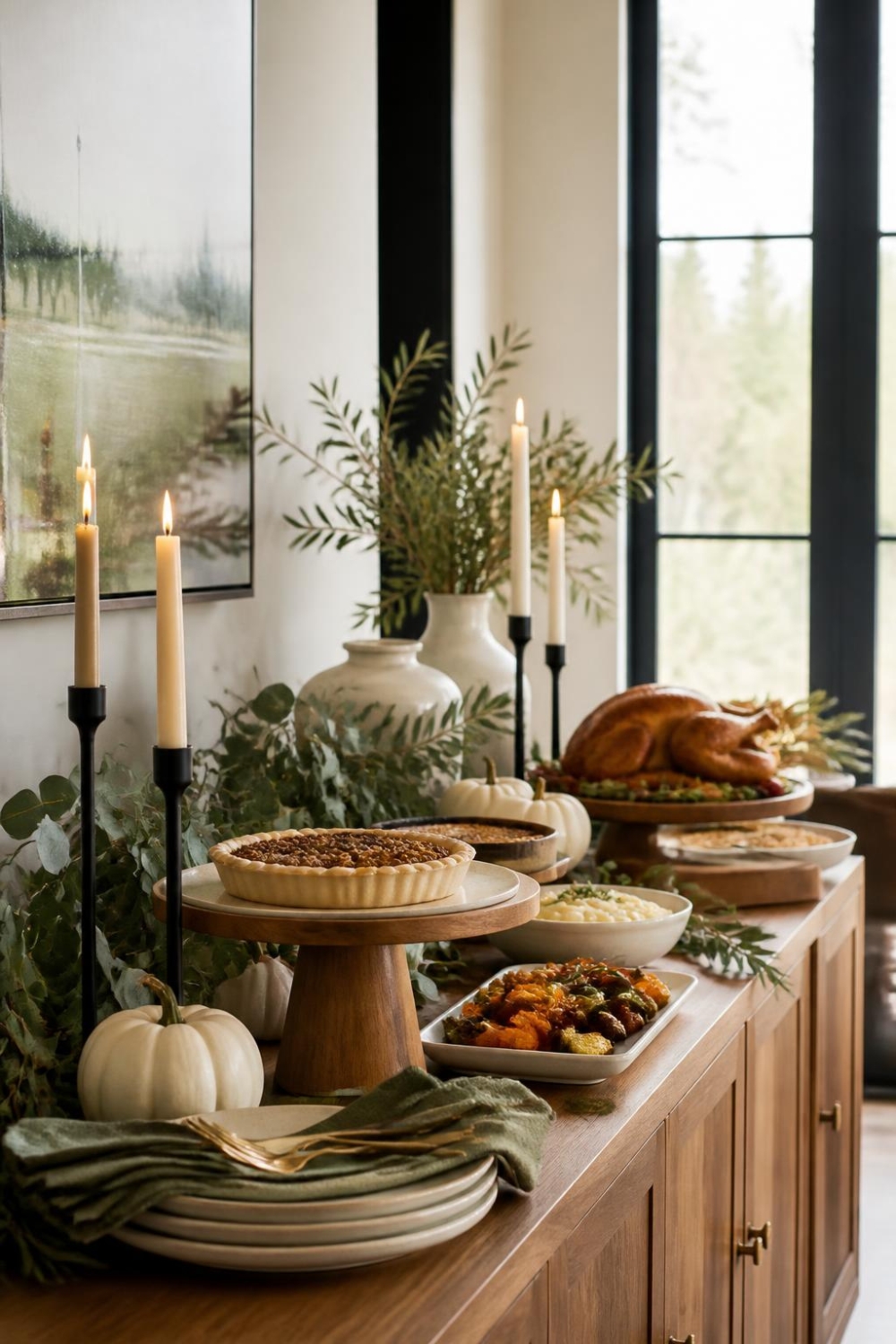 Modern Thanksgiving buffet decorated with eucalyptus greenery, white pumpkins, neutral ceramics and black candleholders