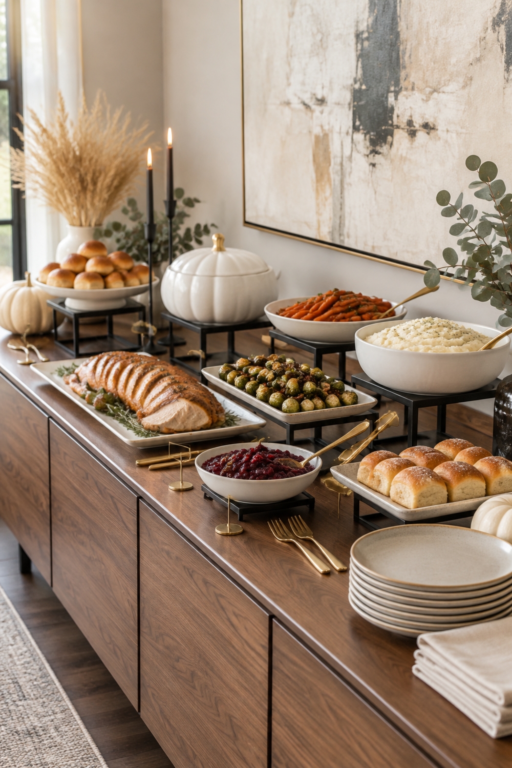 Modern Thanksgiving buffet with black serving stands, white stoneware and gold accents