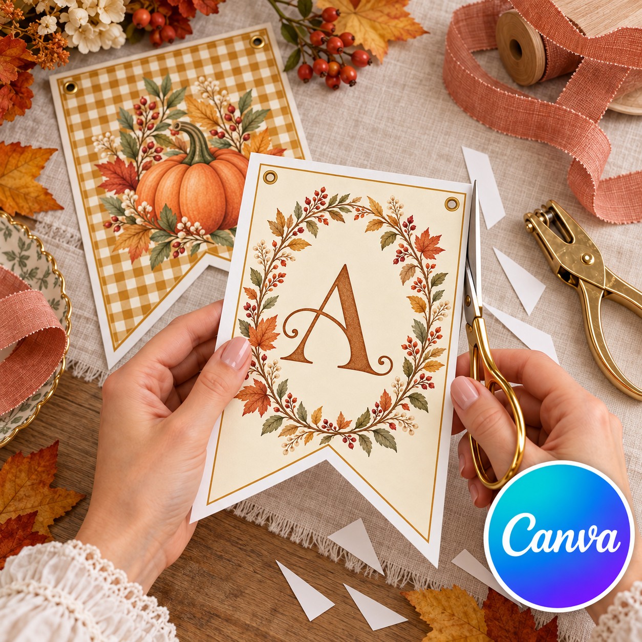 An autumn alphabet bunting flag being cut out, alongside ribbon and a coordinating pumpkin flag