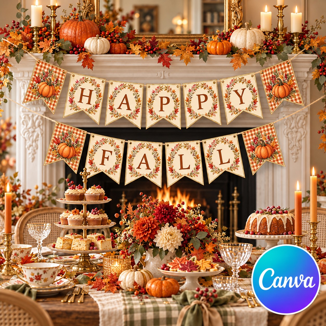 Happy Fall printable bunting displayed across an autumn fireplace with pumpkins and seasonal foliage