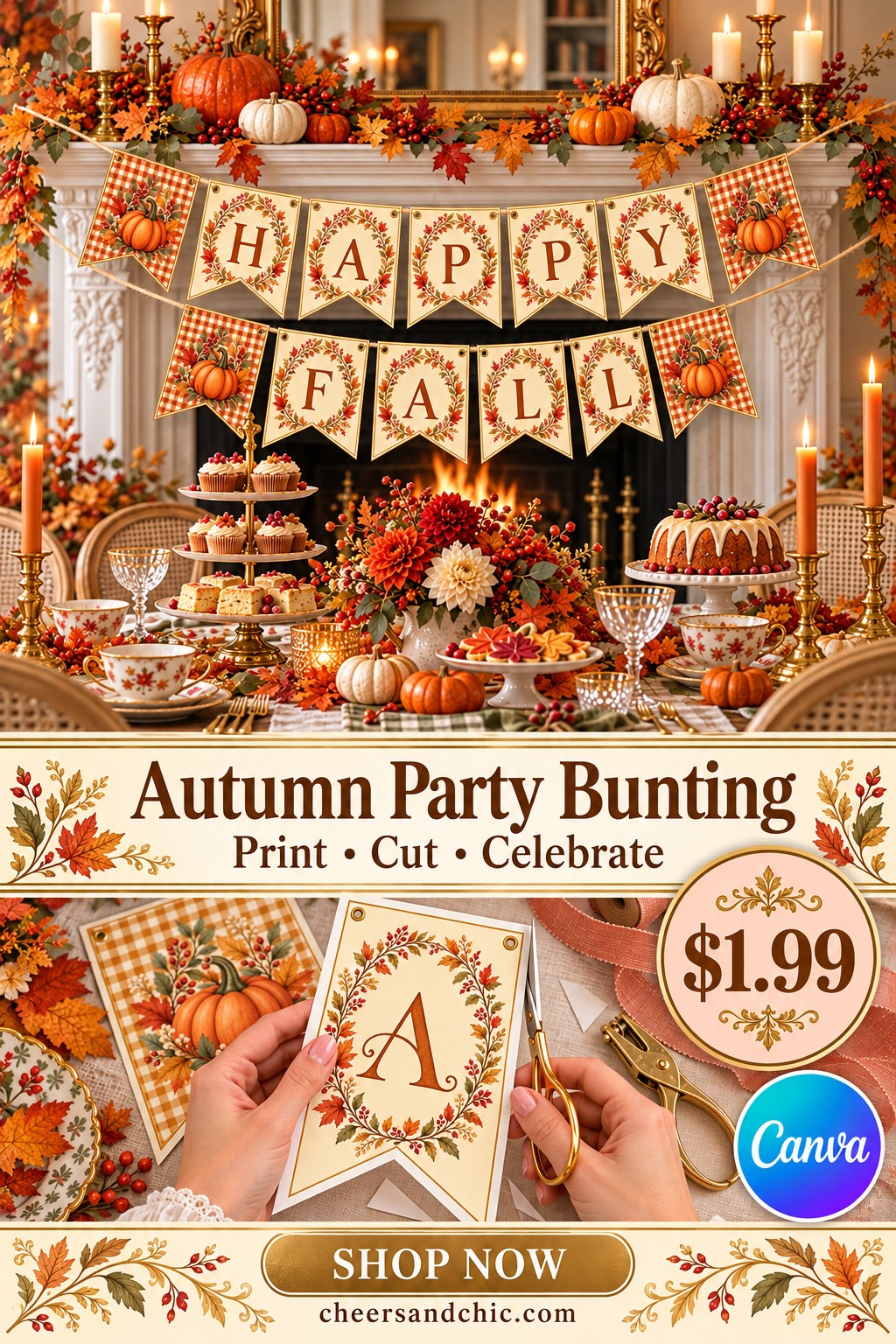Cheers and Chic printable autumn bunting with alphabet wreath flags, pumpkins and gingham patterns