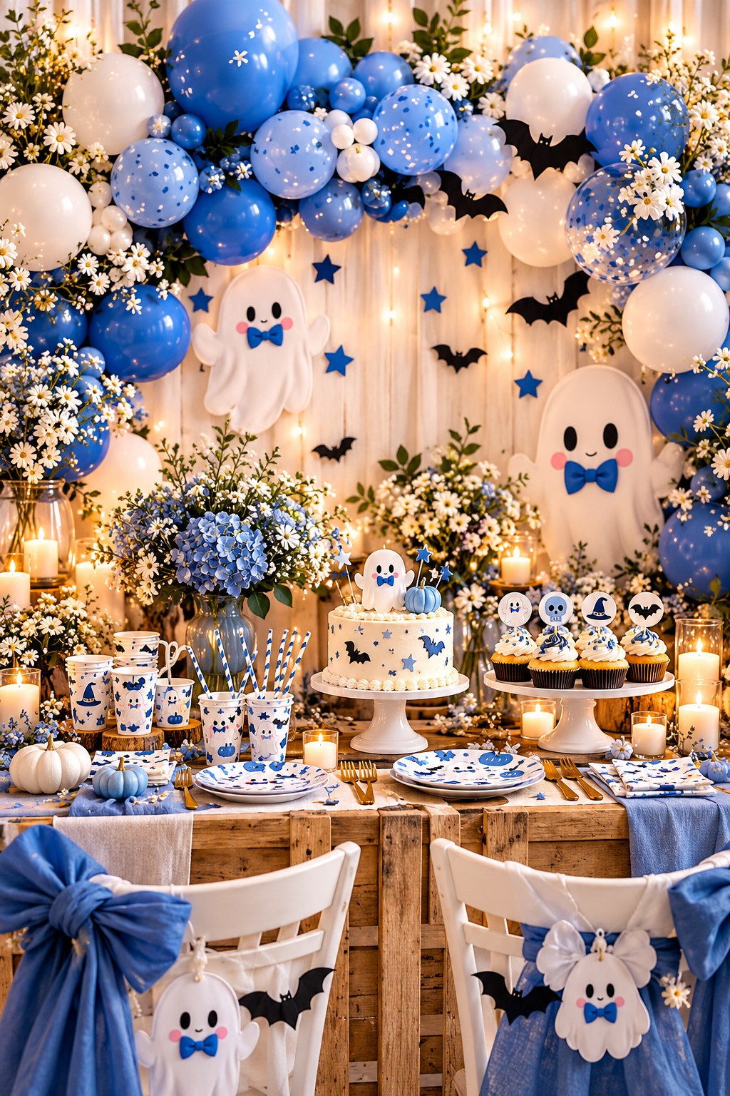 Blue Little Boo baby shower styling inspiration with a balloon backdrop, ghosts and dessert table