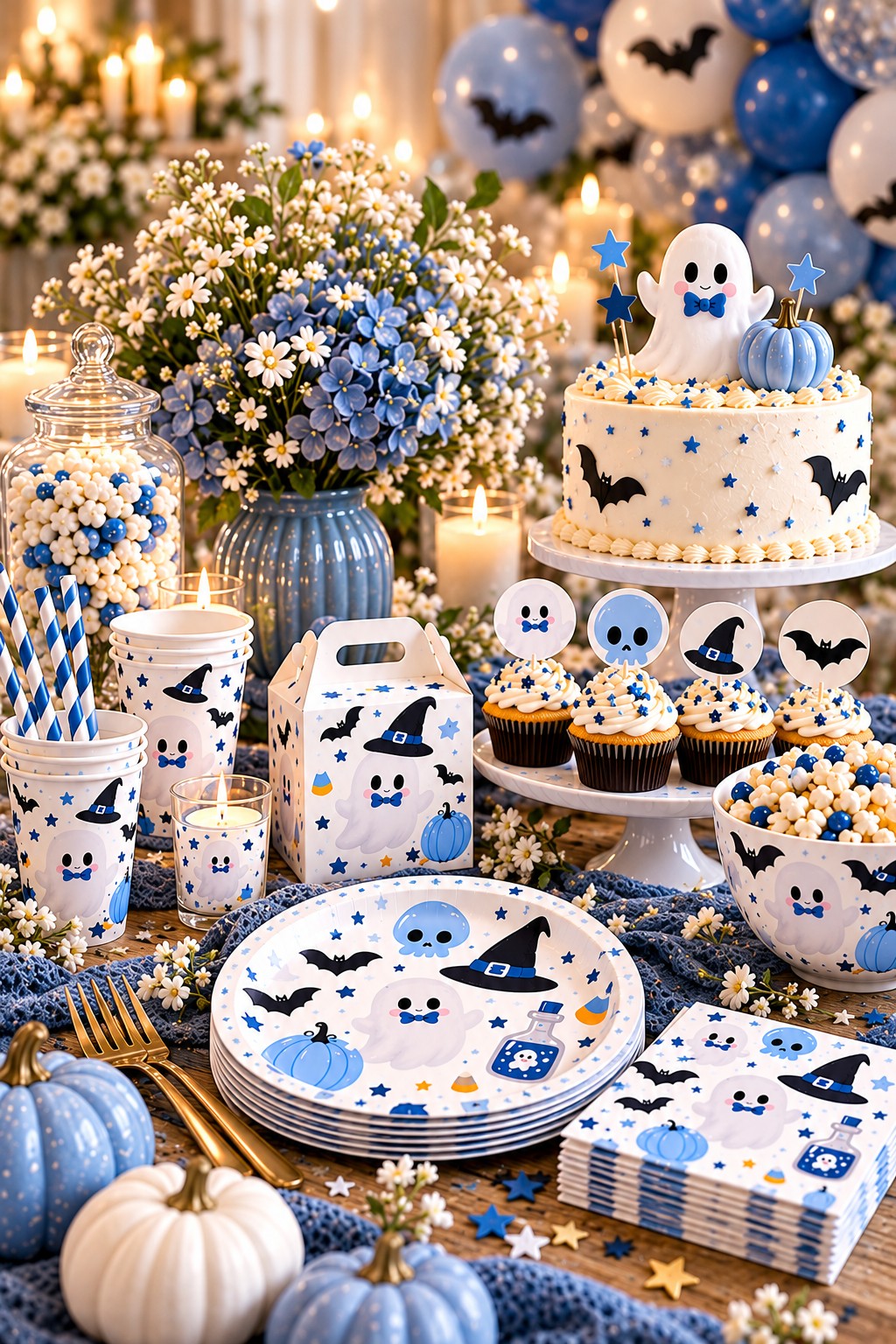 Blue Halloween baby shower table styling with coordinated party pieces, cupcakes and pumpkins