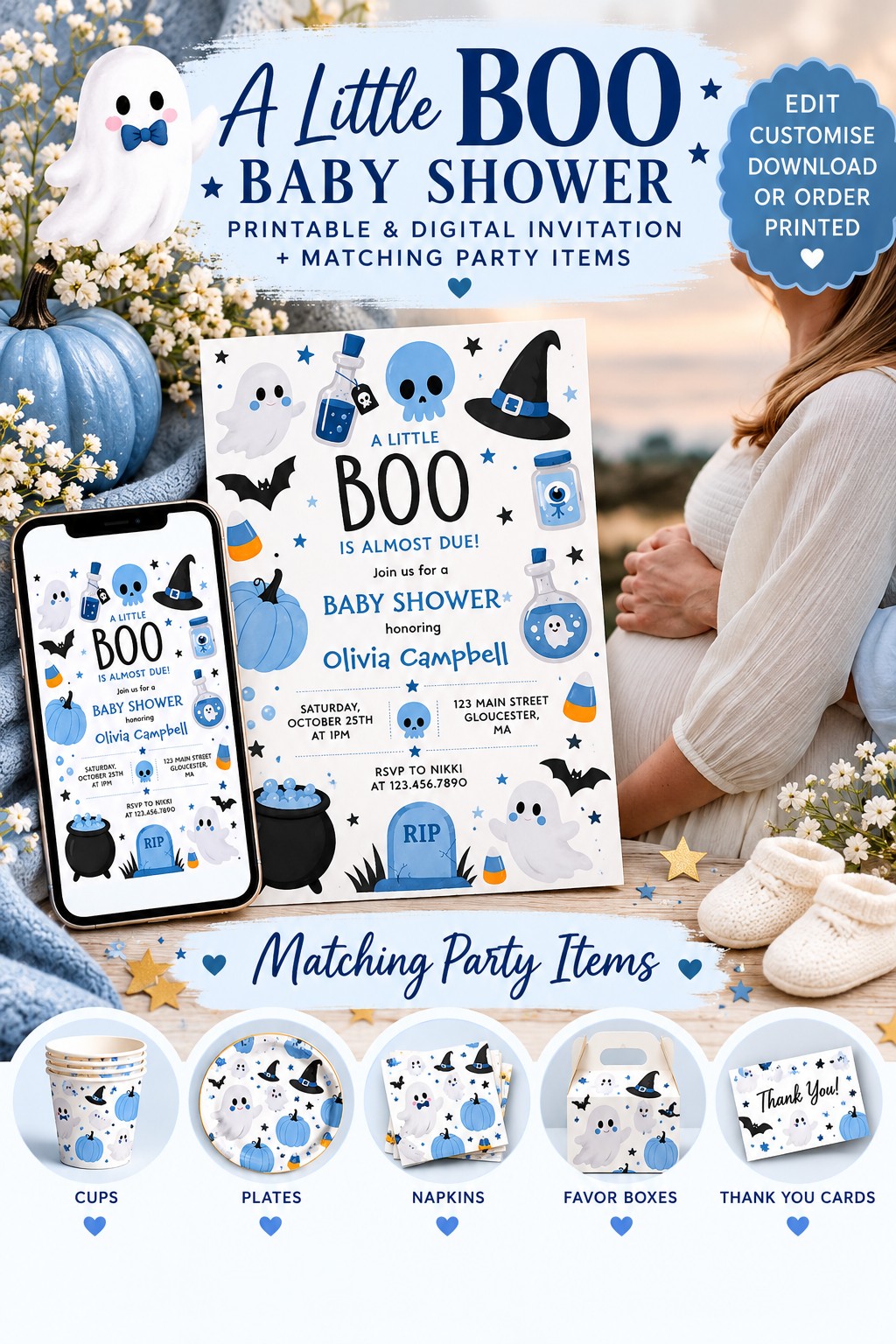 Blue Little Boo Halloween baby shower invitation with coordinating party items