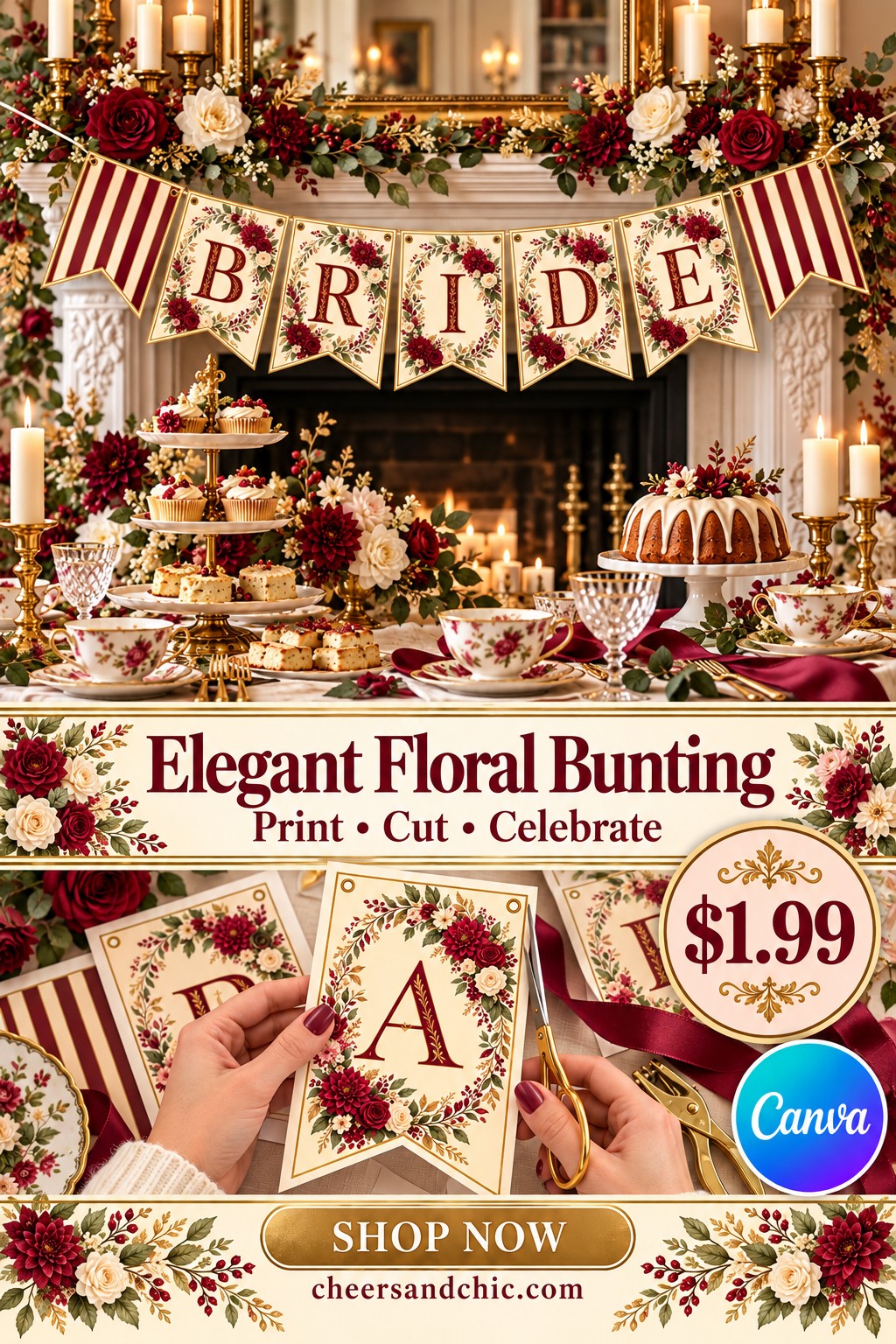Burgundy and gold floral printable bunting for bridal showers, birthdays and elegant celebrations