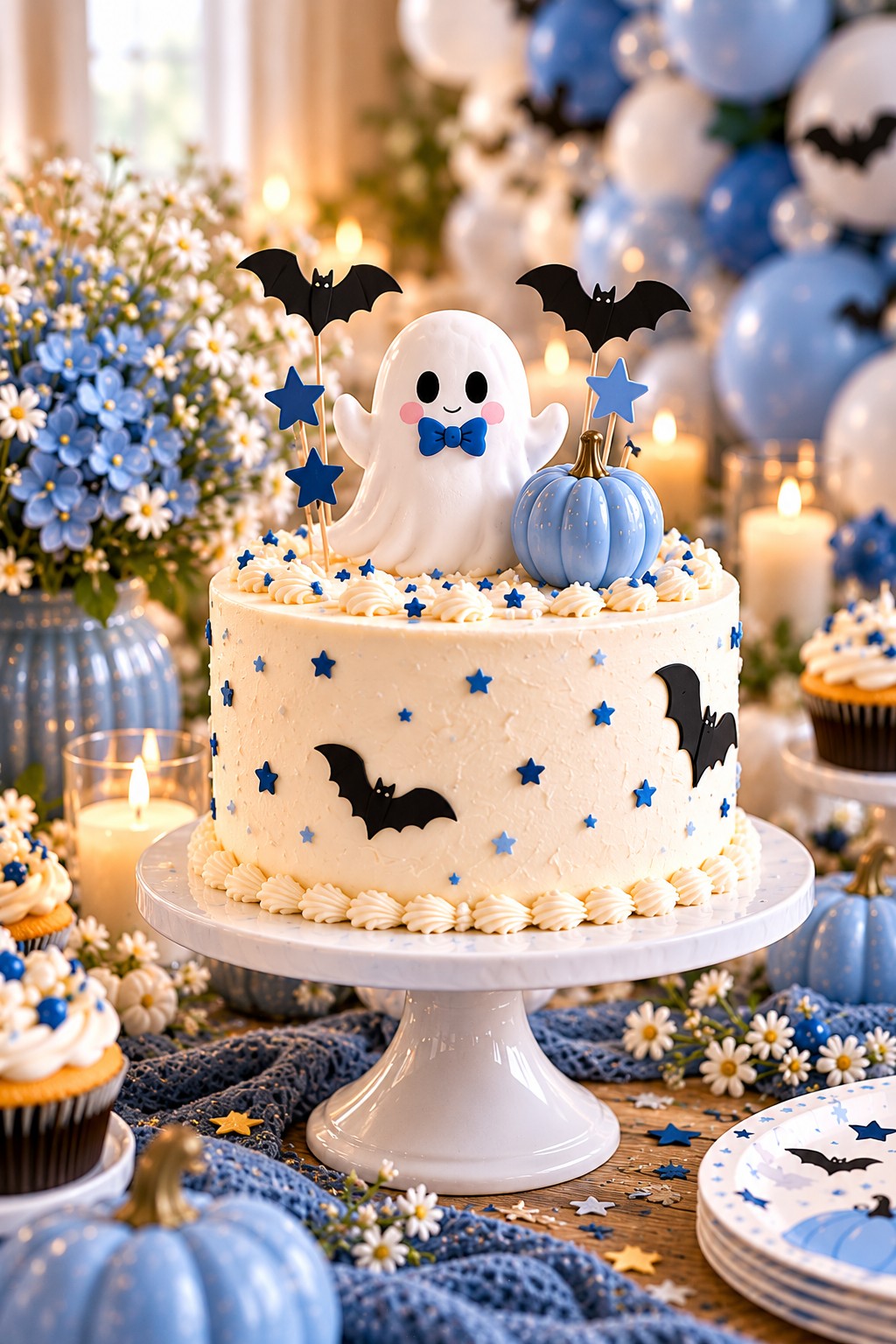 Halloween baby shower cake inspiration with a white ghost, blue pumpkin, black bats and blue stars