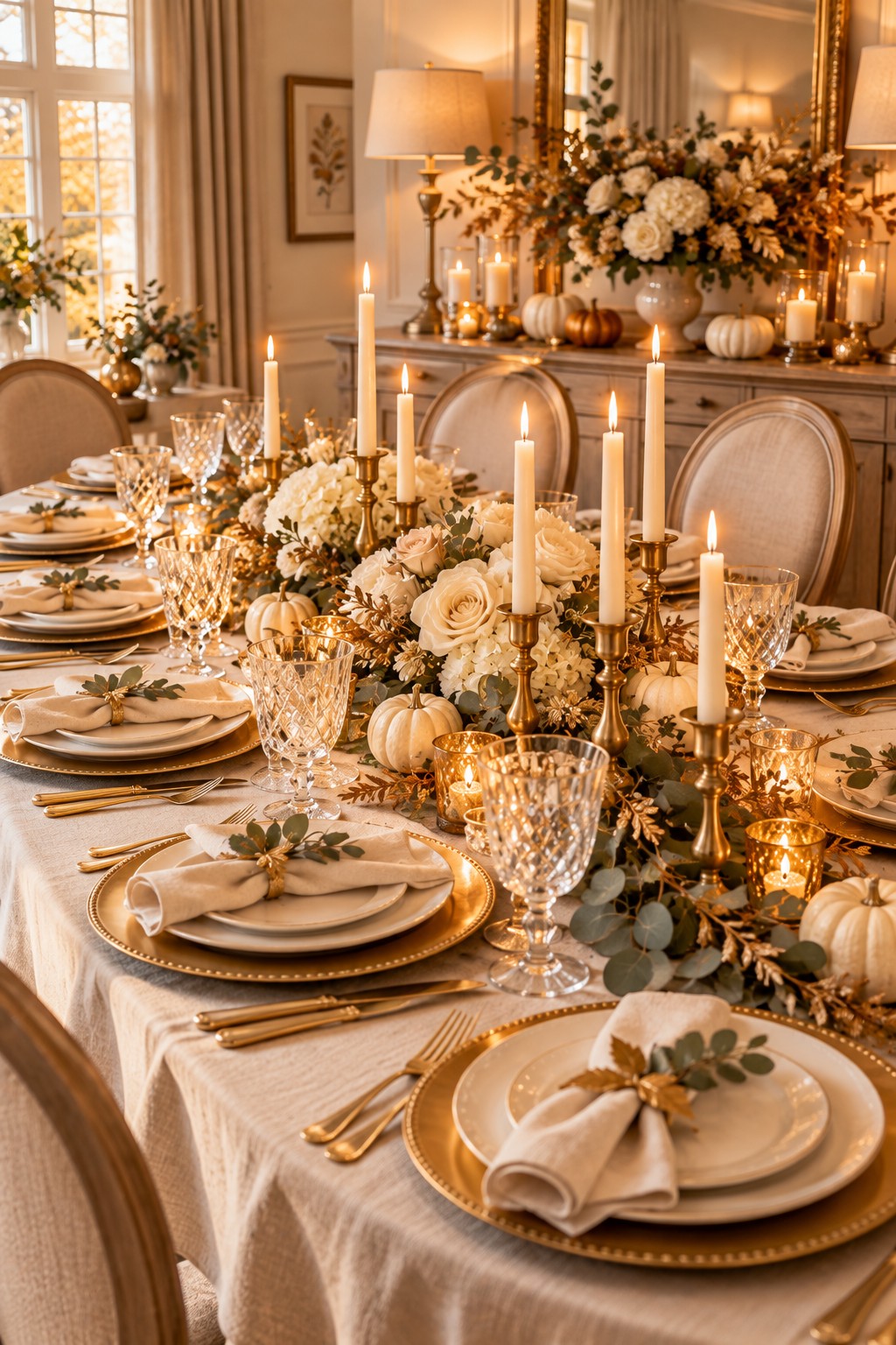 Elegant cream and gold Friendsgiving tablescape with ivory flowers, gold candleholders and neutral autumn decorations