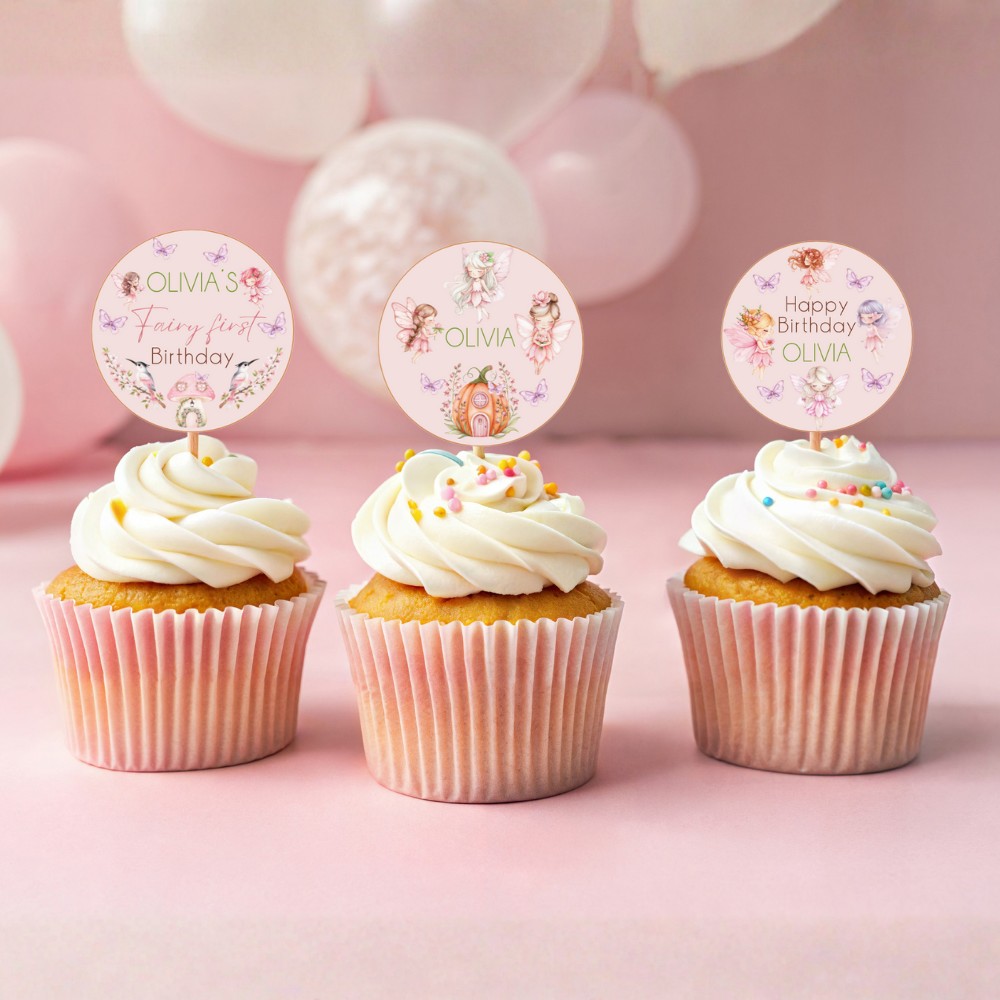 Fairy-themed cupcake toppers displayed on cupcakes
