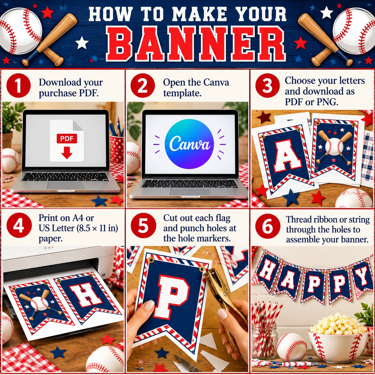 Baseball bunting assembly and Canva instructions