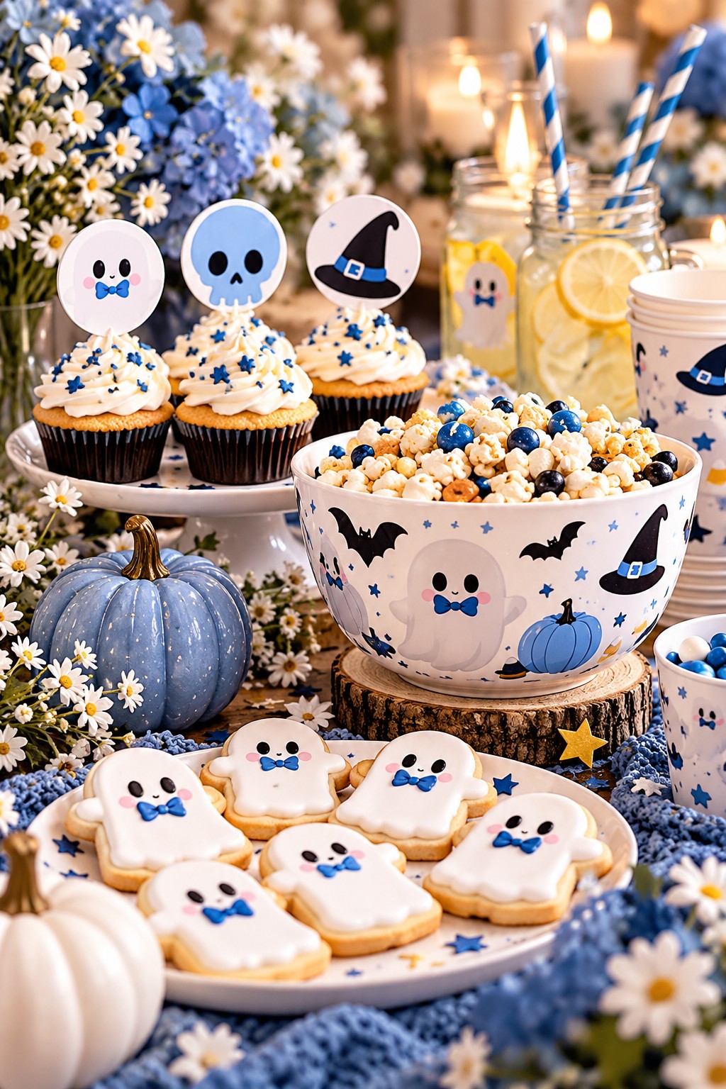 Little Boo baby shower food inspiration with cupcakes, ghost cookies and a popcorn bowl