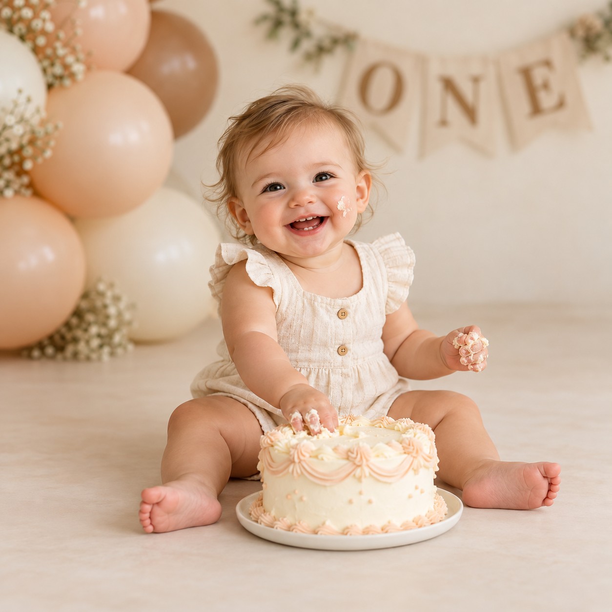 Smiling baby with a first-birthday smash cake in a soft cream and peach setting