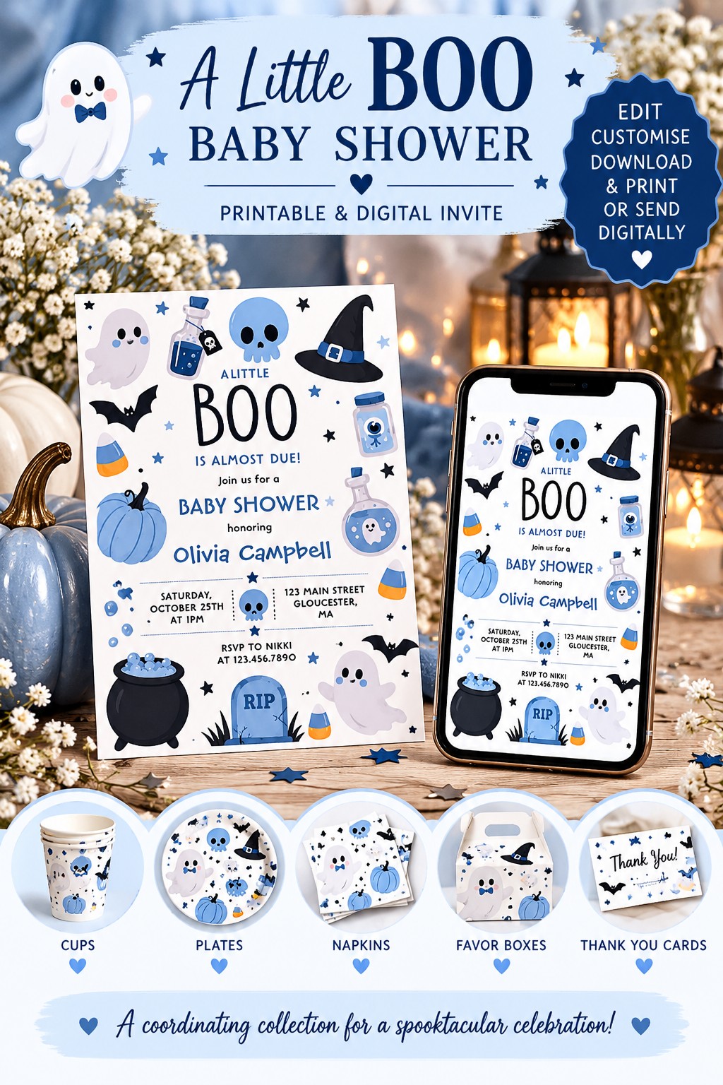 A Little Boo Is Almost Due blue Halloween baby shower invitation with ghosts, pumpkins and witch hats