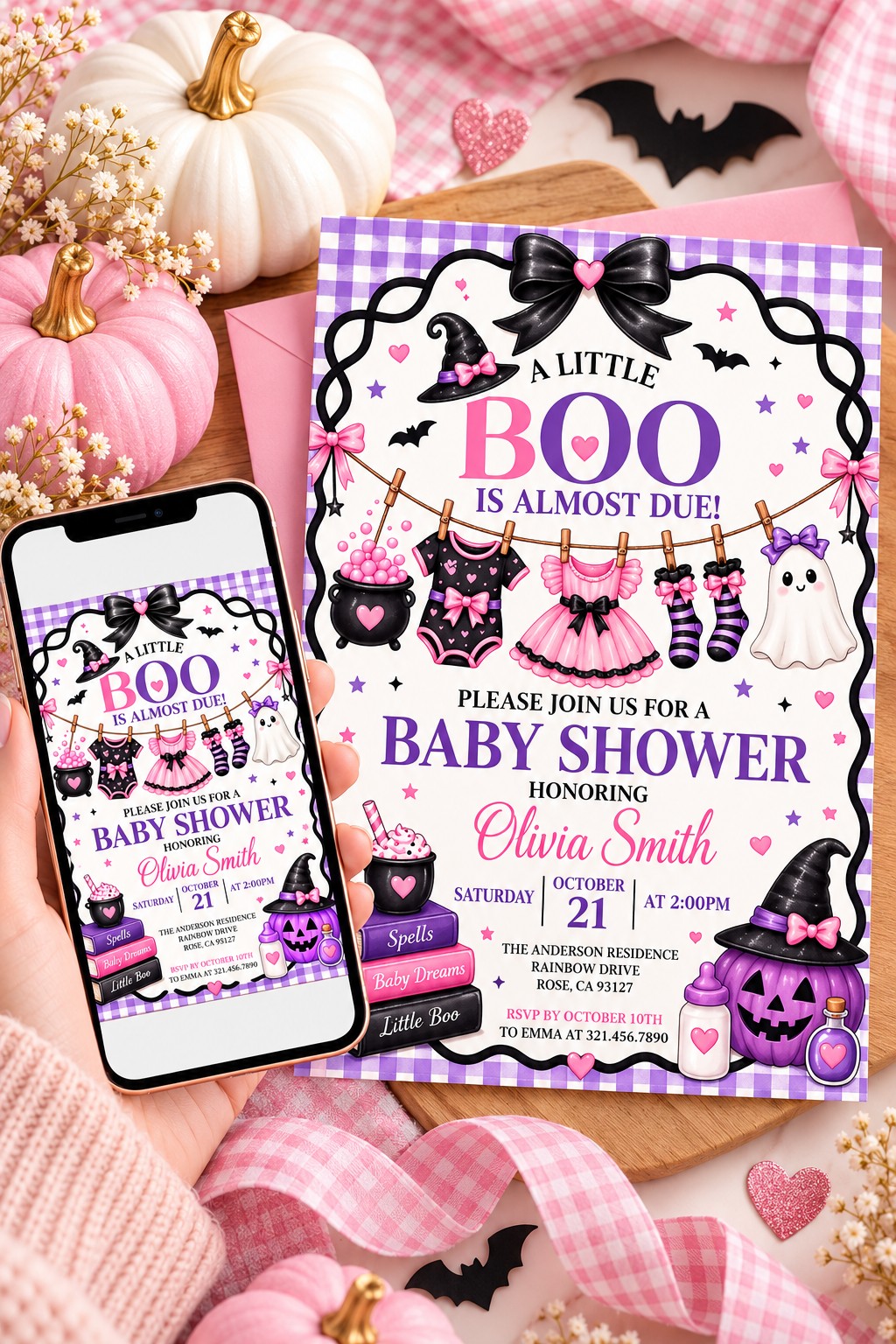 Pink and purple Little Boo invitation with gingham edging, baby clothes, bows and a smiling ghost